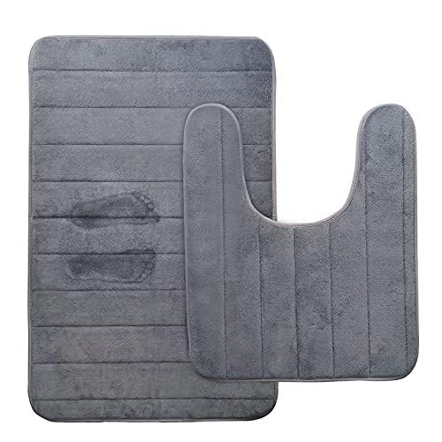 Qililandiy 2 Stück Memory Schaum Badematte Set Saugfähig Rutschfest Badvorleger Waschbar Badteppich U-förmig WC Teppich 50x60cm mit Duschmatte 50x80cm für Badezimmer Toilette Dunkelgrau Cover