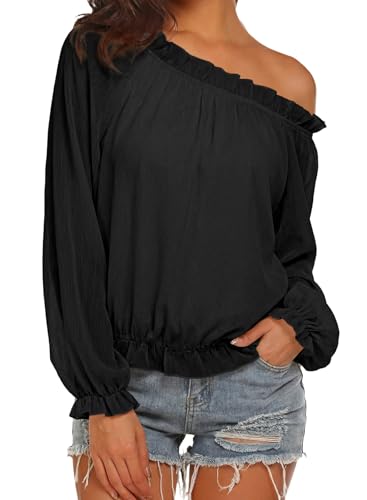 Astylish Blouses for Women Dressy Casual Spring Summer Ruffle Long Sleeve Square Lace Patchwork Business Work Tops Trendy 2026 Black X-Large