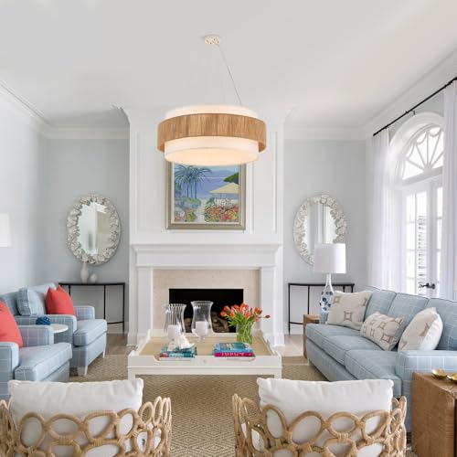 ELYCCUPA 30” Fabric Rattan Chandelier Boho Hand Woven Coastal Pendant Light Adjustable Drum Large Pendant Lighting Fixtures for Dining Room Living Room Kitchen Hallway, Off-White, UL Listed - Image 4