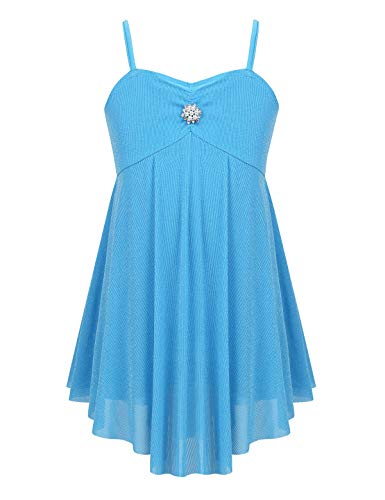 Moily Big Girls Lyrical Contemporary Dance Costume Shorty Unitard Layer Mesh Dress with Rhinestone Sky_Blue 6