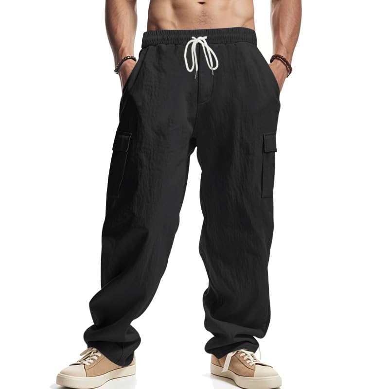 Linen Pants for Men Drawstring Casual Beach Trousers Lightweight Vacation Yoga Cargo Trousers with Pockets