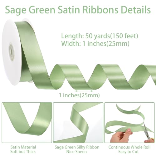 Image of woric Sage Green Ribbon 1 Inch 50 Yards Light Green Satin Ribbon for Baby Shower Summer Wedding Floral Bouquet Gift Wrapping Hair Bows Home Decor