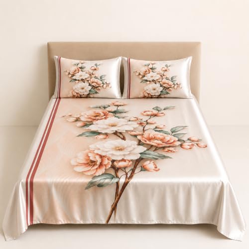 Rangrika.in King Size Bedsheet | Cloud Cotton Flat Sheet with 2 Pillow Covers | Super Soft King Bed Sheet | Elegant Floral Design | 90x100 Inch (Peach_Blossom_Stripe_Bedsheet)