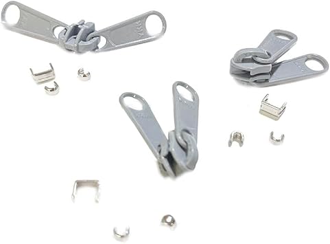 Zipper Repair Kit - YKK #5 Nylon Coil Reversible Long Bag Zipper Pulls 3/Pack Sliders with Aluminum Top Bottom Stoppers Included Choose Your Color - Made in The United States Steel Grey #119W