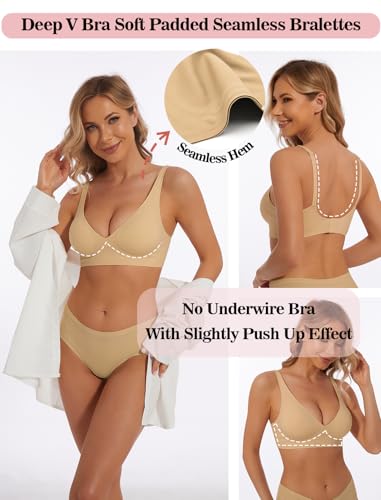 Image of Deep V Bra Wireless Sexy Push Up Bralette Padded Seamless Jelly Bra | Low Cut Plunge V-Neck, Wide Straps, Back Smoothing, Bras for Women No Underwire, Soft Comfortable Bralettes