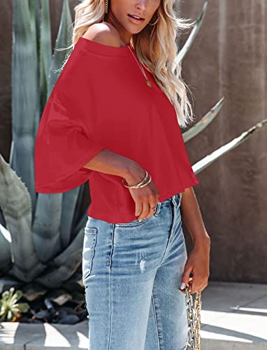 Yuccalley Women's Summer Crop Tops Short Sleeve Round Neck T-Shirt Basic Tees (Red, Medium) #TOP2