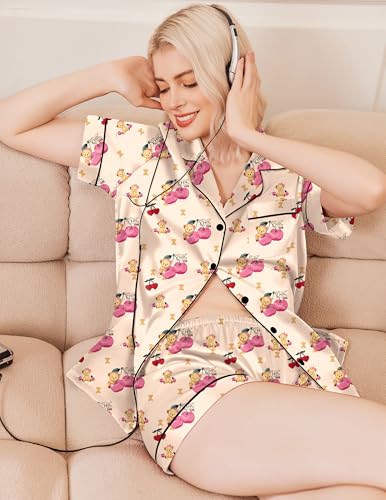 Image of Ekouaer Silk Pajamas for Women Funny Teddy Sleepwear Comfy Short Sleeve Button Down Loungewear Satin Pjs Shorts Set,Champagne Teddy Cherry,L