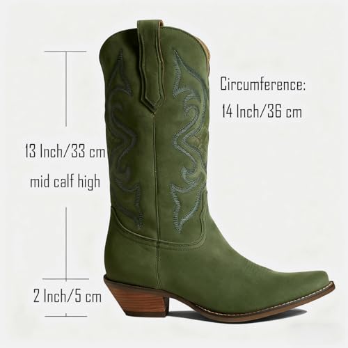 Image of LEHOOR Cowboy Boots Women Embroidered Mid Calf Western Boots Stacked Low Heel Pointed Toe Pull On Cowgirl Boot 4-11 M US