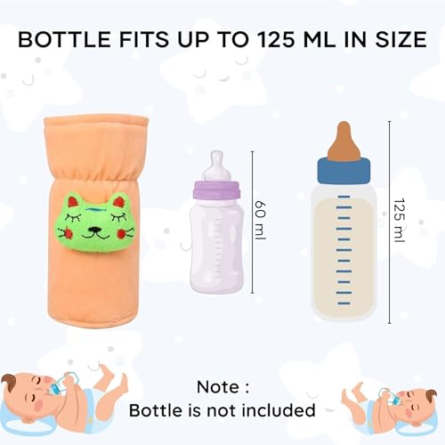 Image of Soft Plush Stretchable Baby Feeding Bottle Cover Easy to Hold Strap with Cute Animated Cartoon| Suitable for 60-125 Ml Feeding Bottle (Peach-Cream)