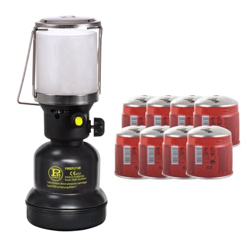 Intec - Lámpara de gas de 1100 W + 8 cartuchos de gas Butane 190 g – Encendido Piezo carcasa de metal – Lámpara de camping recargable al aire libre