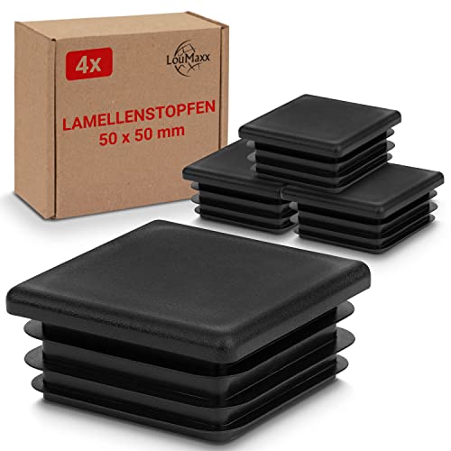 LouMaxx Lamellenstopfen 50 x 50 mm - Rohrabdeckung schwarz Stopfen für Vierkantrohr 50 x 50 mm - Quadratische Rohrstopfen aus robustem Kunststoff - Pfostenkappen als Abdeckkappe