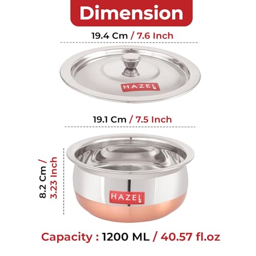 Image of HAZEL Copper Bottom Handi Medium 1200 ml with Lid | Stainless Steel Cookware Handi for Kitchen | Copper Bottom Vessel for Cooking | Steel Utensil for Cooking & Serving