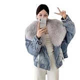 Women Winter Fur Collar Coat Denim Short Casual White Goose Down Fur Down Jacket Warm Puffer Jacket Parka Gray S