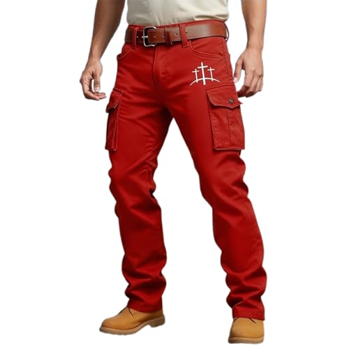 Image of Men's Casual Cargo Trousers with 6 Multi-Pocket Design, Heavy Duty Cotton Blend for Outdoor Work, Hiking, and Daily Wear, Straight Leg Fit (Red, XL)
