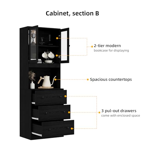TUSY 71\'\' H Pantry Cabinet, Kitchen Hutch Storage Cabinet, Buffet Hutch Set of 3, China Cabinet with Glass Doors, 5-Tier Storage Cabinets for Dining Room, Living Room (Black) - Thumbnail 5
