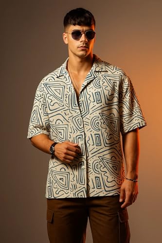 Image of Veirdo Poly Cotton Oversized Loose Baggy Fit Drop Shoulder Cool and Stylish Abstract Print Men Camp Collar Shirt