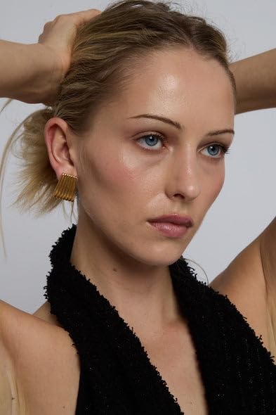 Ribbed Gold Statement Earrings – Women’s 18K Gold-Plated Lightweight Rectangle Earrings, Chic Everyday Jewelry for Pierced Ears - Image 4