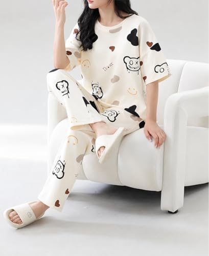 Image of Women Printed T-Shirt and Track Pant Set | Cotton Co-Ord Night Suit for Women | Lounge Wear, Sleepwear, Gym Wear | Half Sleeve Top & Elastic Waist Joggers | Stylish