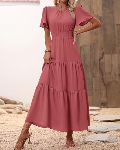 Image of PRETTYGARDEN Women's Casual Smocked Boho Floral A-Line Maxi Dress 2026 | Summer Short Flutter Sleeve Crewneck Tiered Long Sundress,Fall Wedding Guest Dresses,Spring Cute Flowy Beach Vacation Clothes