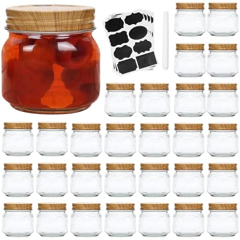 Accguan Mason Jars, glass jar 8OZ With Regular Lids(Wood Grain Iron Lid), Ideal for Jam, Honey, Wedding Favors, Shower Favors, 30 PACK Cover