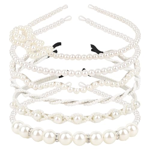 KIUEZIR 6 Stück Perlen Haarreifen Damen, Elegant Weiß Perlenverzierte Haarband mit 6 Verschiedenen Stilen, Langlebige Dirndl Stirnband Haarschmuck für Braut & Damen Hochzeit, Festival & Party