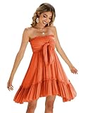 R.Vivimos Women's Summer Cotton Boho Beach Sleeveless Tie Front Mini Dress Tube Top Dress (Medium, Orange)