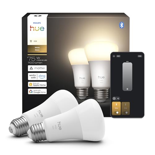 Philips Hue Smart LED A19 Bulb, Warm White Light 2700K, E26 Base, 10.5W, 1100 Lumens, Dimmable, Works with Alexa, Google Assistant, and Apple Home, 2 Pack