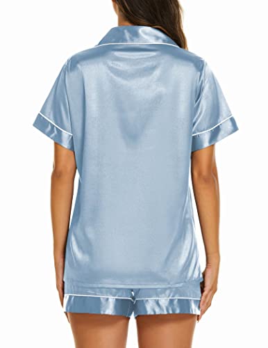 Image of Ekouaer Womens Pajamas Silk Satin Short Sleeve Button Down Pjs Shorts Set
