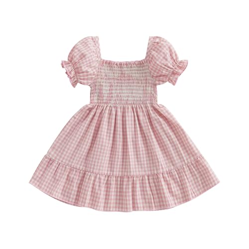 Toddler Girl Dress Plaid Baby Dress Short Sleeve Pincess Sundress Girls Summer Clothes (Pink, 2-3 Years)