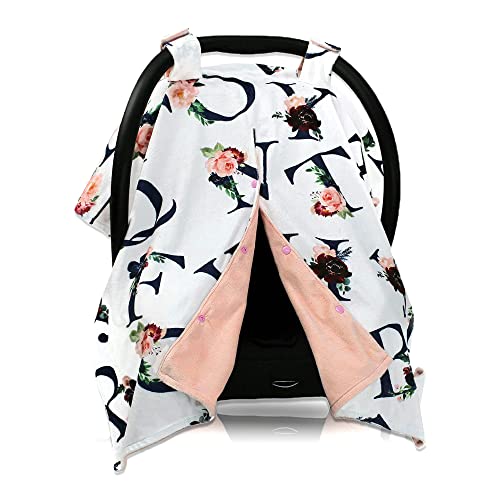 Image of Dear Baby Gear Baby Car Seat Canopy Snap Button Opening - Carseat Canopy for Daily Use - Cover for Newborn Car Seats - Stylish Nursing Cover - Floral Alphabet /Blush Smooth, 40 inch x 30 inch