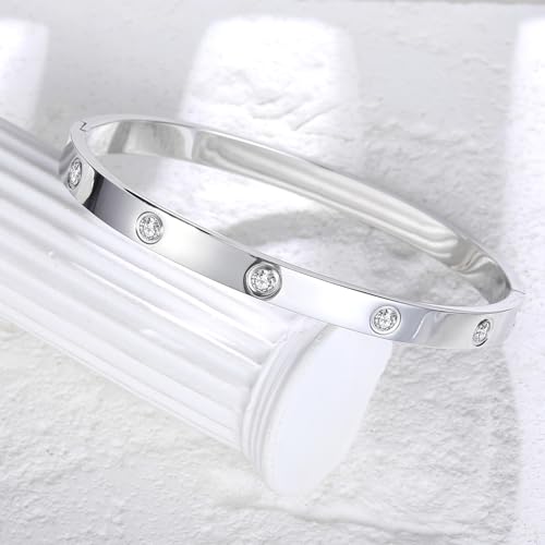 BOLAGTIER Gold Plated Bracelet with Cubic Zirconia Stones Stainless Steel Bangle Minimalist Cuff Love Charm Bracelets for Women4