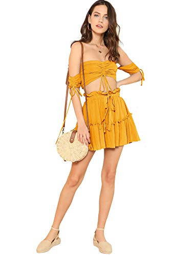 Floerns Women's Two Piece Outfit Off Shoulder Drawstring Crop Top And Skirt Set Yellow S #TOP4