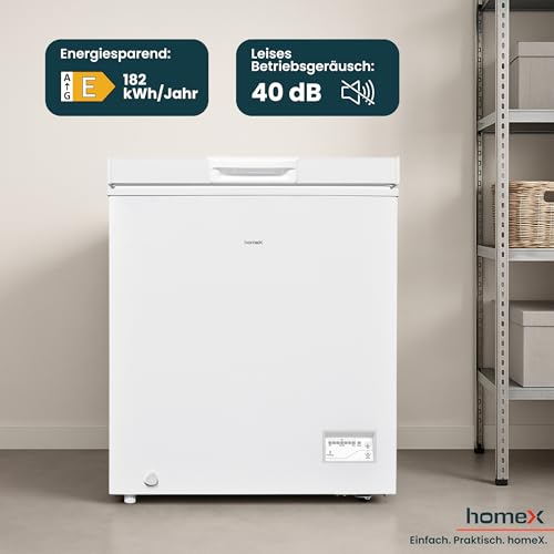 homeX Gefriertruhe, Tiefkühltruhe klein - 142L Nutzinhalt, 4-Sterne Gefrieren, Super-Frost-Funktion, Kühltruhe inkl. Ablagekorb, LED-Display, elektronische Temperaturregelung, leise 40 dB, weiß