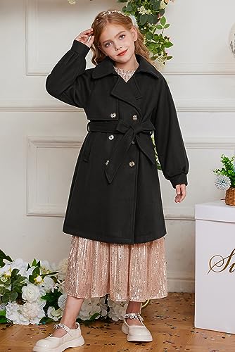 Image of GRACE KARIN Girls Dress Coat Lapel Wool Blend Long Winter Jackets with Pockets Belt 6-16Y