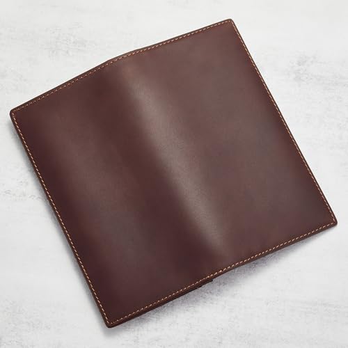 Image of HISCOW Full Grain Leather Men's Long Wallet, 15 Card Slots, Aniline Coffee | Gusseted bill compartment, tall bifold design, clear ID window, ideal for coat pockets or briefcases, turned-edge, gift box