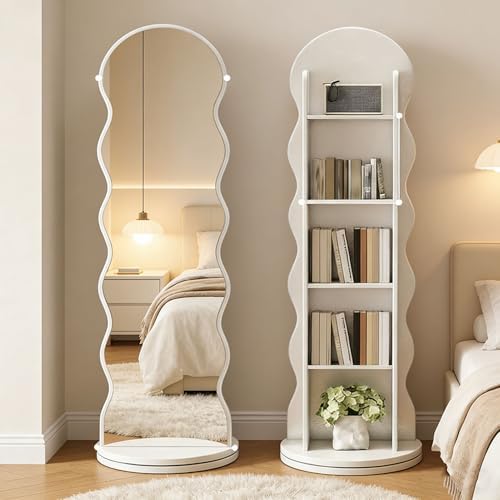 360° Rotating Full Length Mirror with Bookshelf & Magazine Rack, Floor-Standing Body Mirror for Bedroom, Living Room & Study Room, 66.9" Tall Dressing Mirror