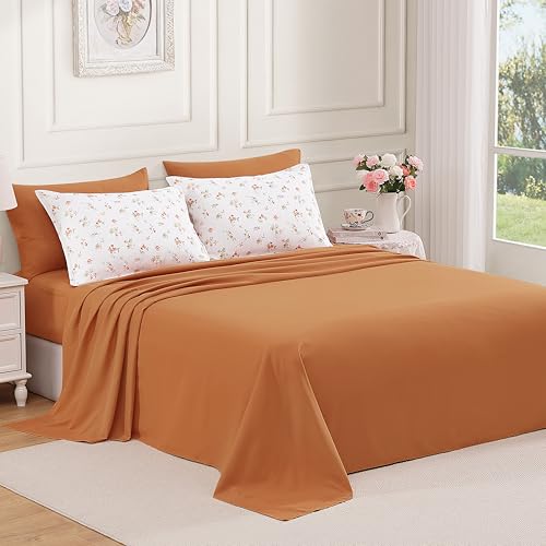 Image of Andency Floral Full Comforter Set, 7 Pieces Cute Orange Bedding Sets, Coquette Cottagecore Flower Dorm Bedding, Soft Lightweight Comforter with Sheets, Pillowcases & Shams for Teen Girls
