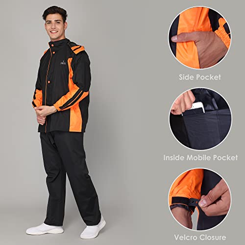 Image of THE CLOWNFISH Solomon Series Men's Waterproof Polyester Double Coating Reversible Raincoat with Hood and Reflector Logo at Back. Set of Top Bottom. Printed Plastic Pouch Rope