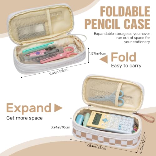 Image of Cute Checkered Pencil Case for Girls Boys,Large Checkerboard Pencil Pouch with Foldable Zipper Compartment&Multi-Pockets,Big Capacity Kids Stationery Bag Aesthetic Pen Box For School Office