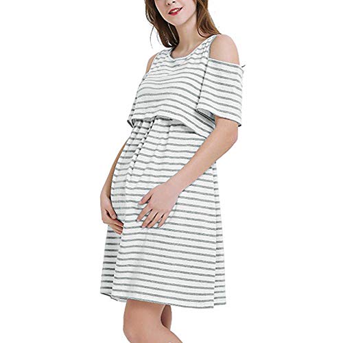 Preisvergleich Produktbild OKHGF Frauen Cocktailkleider Umstandskleider Sommer Schwangere Schwangerschaftskleid Kurzarmstreifen Stillen Stillen Kleidung Kleid Vetement Femme -Gray_M