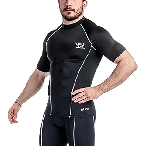 Mava Sports Men's Short Sleeve Compression T Shirt - Workout Baselayer Shapewear (Black & Silver, Large) Cover