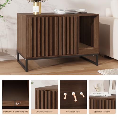 Halitaa Cat Litter Box Enclosure, Modern Hidden Litter Box Furniture with Scratch Pad, Indoor Cat Washroom House End Table, Entryway Bench for Livingroom (Walnut) by Halitaa - Image 7