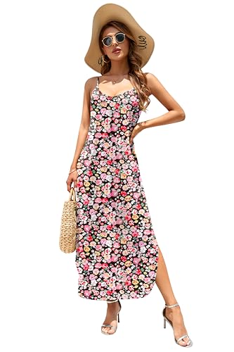 Image of HUSKARY Women's Summer Casual Sleeveless V Neck Strappy Split Loose Dress Beach Cover Up Long Cami Maxi Dresses with Pocket
