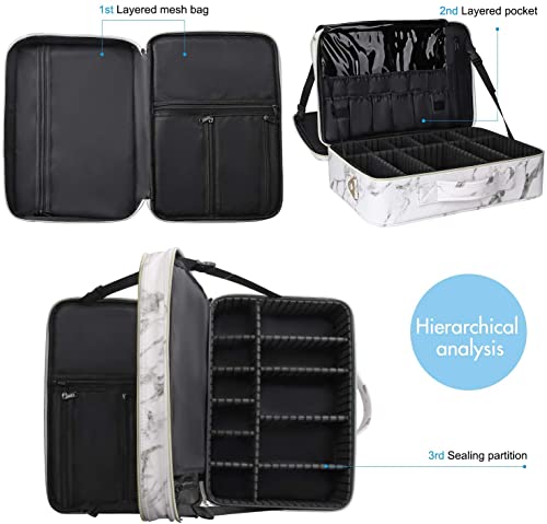 Image of Adson Large Makeup Bag 3 Layers Professional Train Cosmetic Bag Makeup Organizer Case Artist Storage Brush Box with Adjustable Dividers and Strap for Makeup Accessories (White Marble Pattern)