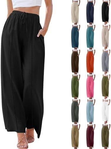 Women Linen Pants Summer Wide Leg Casual Palazzo Pants High Waisted Cotton Lounge Beach Pants with Pockets