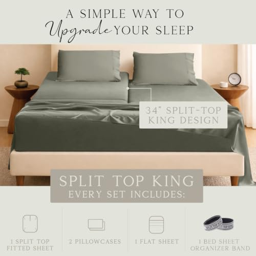 Image of KARISSA MAE Bamboo Viscose 34 inch Split Top King Size Sheet Set, FSC Certified | Single 34 inch Split Fitted Sheet | Sleep Number & Adjustable Bed | Cooling | 18 inch Deep Pocket w / Corner Straps [Cypress Green]