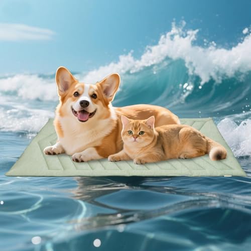 UIQELYS Kühlmatte für Hunde Eisgrün, ohne Gel, Oberseite aus kühlem Stoff und Rückseite aus Samt, waschbar, Kühlkissen für Hund, Sommerlinderung für Welpen und Kätzchen (Eisgrün, A-91x58 cm)