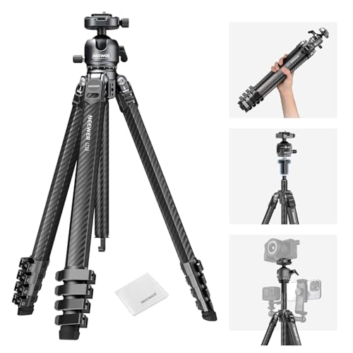 Image of NEEWER LITETRIP LT38 61" Travel Camera Tripod, Carbon Fiber Portable Stand, 360° Pan Tilt Ball Head, Center Axis, Arca Type QR Plate Compatible with Peak Design Clip V3, Max Load 22 lb, Cleaning Cloth