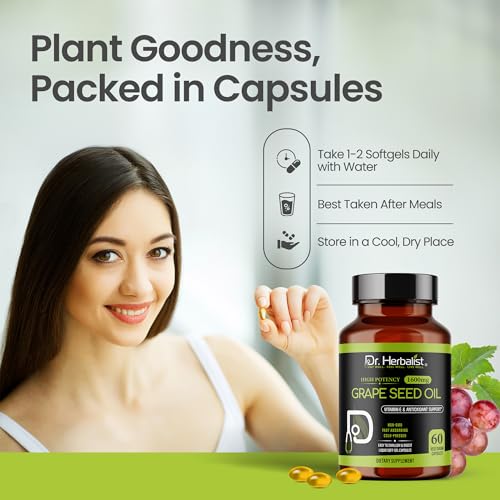 Image of Dr. HERBALIST Grape Seed Oil Capsules 1600mg - Cold Pressed Vitis Vinifera with OPC Proanthocyanidins | Supports Antioxidant Wellness & Cardiovascular Health* | Halal | 60ct