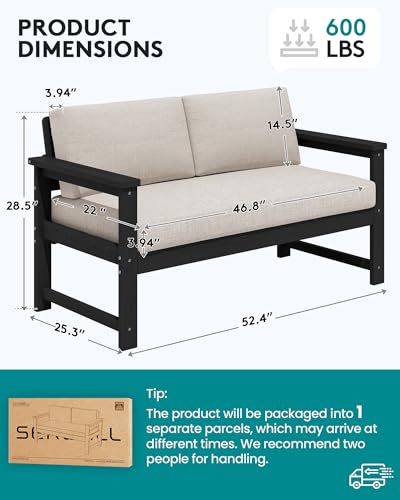 Image of SERWALL HDPE Outdoor Loveseat with Cushion, Outdoor Sectional Furniture Set | All Weather Use Patio Couch Sofa，Black Frame with Khaki Cushions